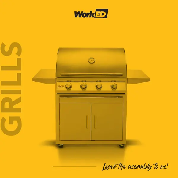 Assembled stainless steel gas grill on a yellow background