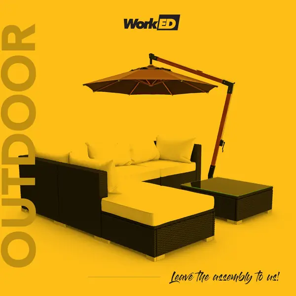 Outdoor wicker sectional sofa with a cantilever patio umbrella